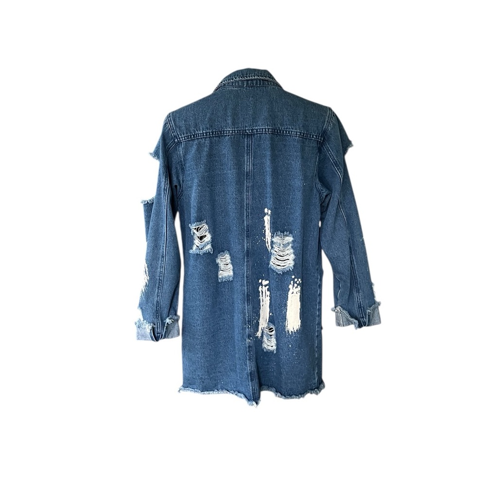 Fashion Nova distressed blue denim duster jacket with white paint splatters - Picture 12 of 13